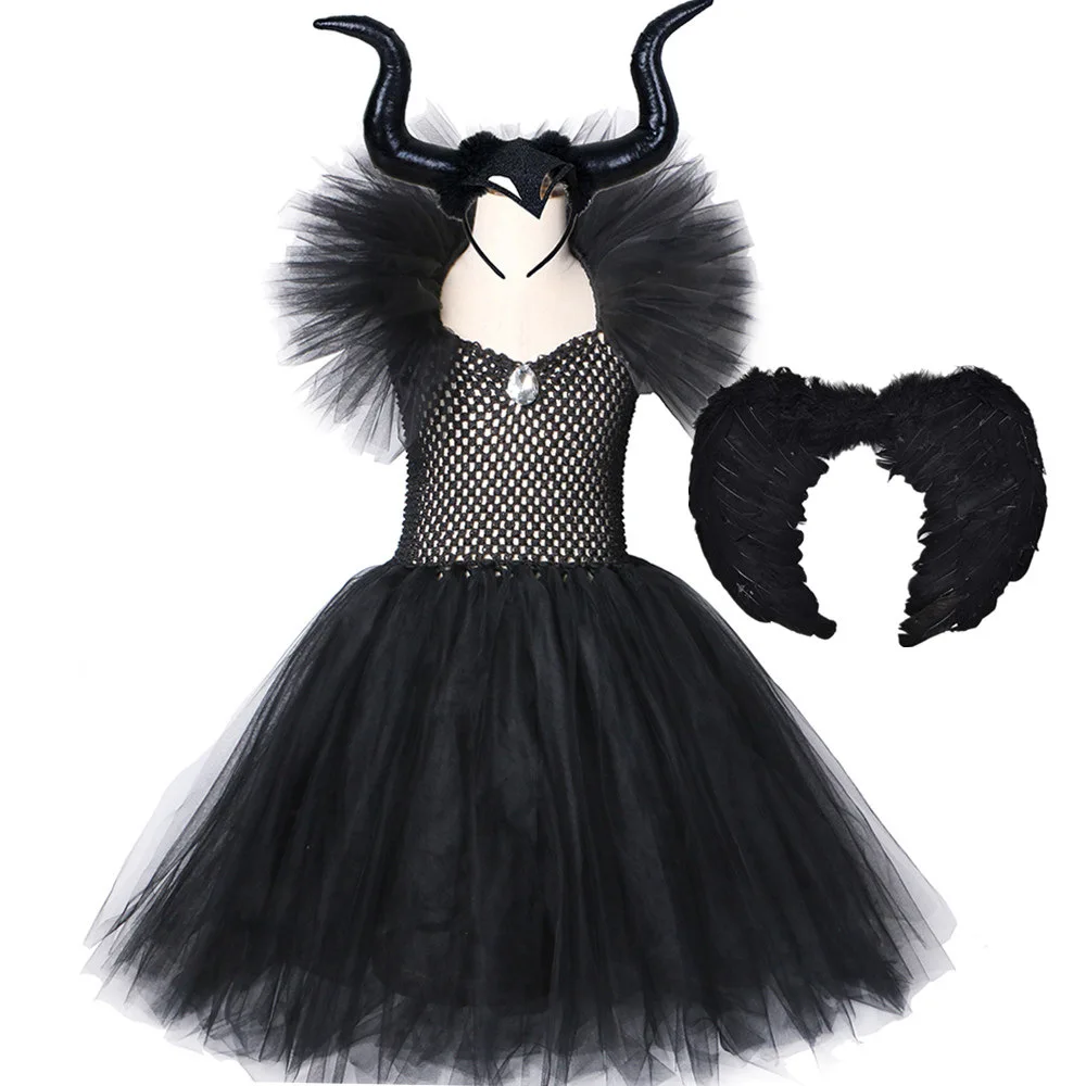 

Maleficent Witch Dress Children's Halloween Costume Black Girl Tutu Dress V-Neck Kids Ankle Dress Length with Horns Wings