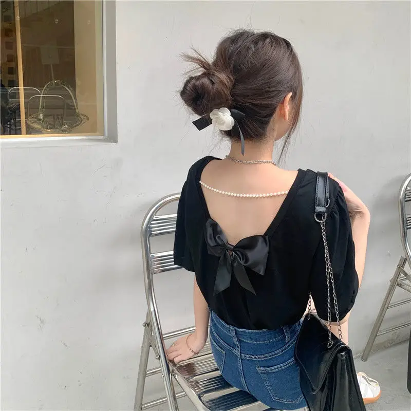 Short Sleeve T-Shirts Women Backless Ins Basic Tees Femme Tops Fashion Ladies Retro Ulzzang Korean Style Teens Preppy Simple New