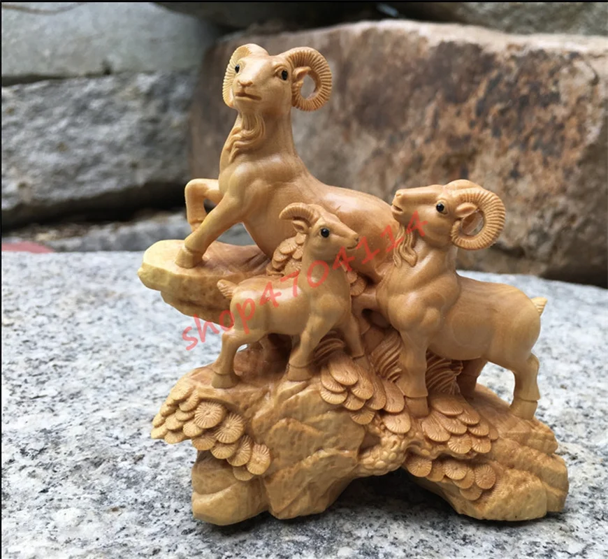 

Natural boxwood, hand-carved solid wood Sanyang Kaitai mascot ornaments, 12 zodiac sheep, exquisite crafts, collections, decorat