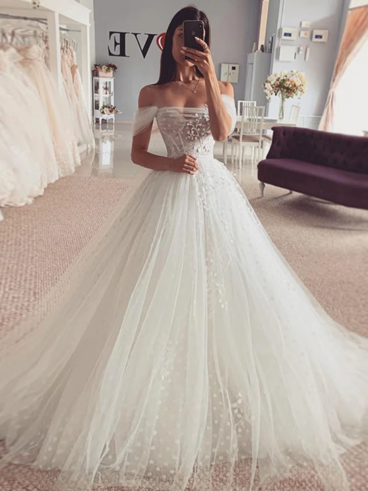 LORIE Off the Shoulder Weeding Dresses Beach Bride Gowns Dot Tulle Lace Appliques Princess Boho Wedding Party Gowns Plus Size