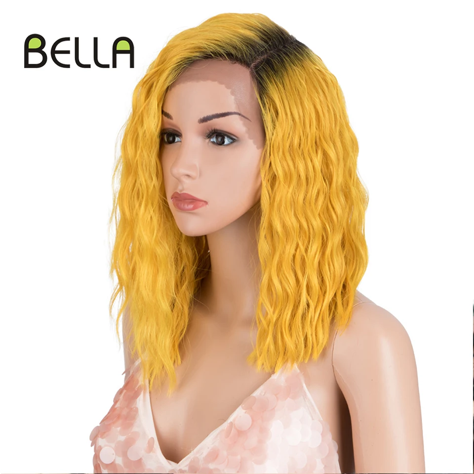 Bella Synthetic Lace Wigs Lace Short Bob Curly Hair 14 inch Yellow Cosplay Wig For Black Women Heat Resistant Fiber Lolita