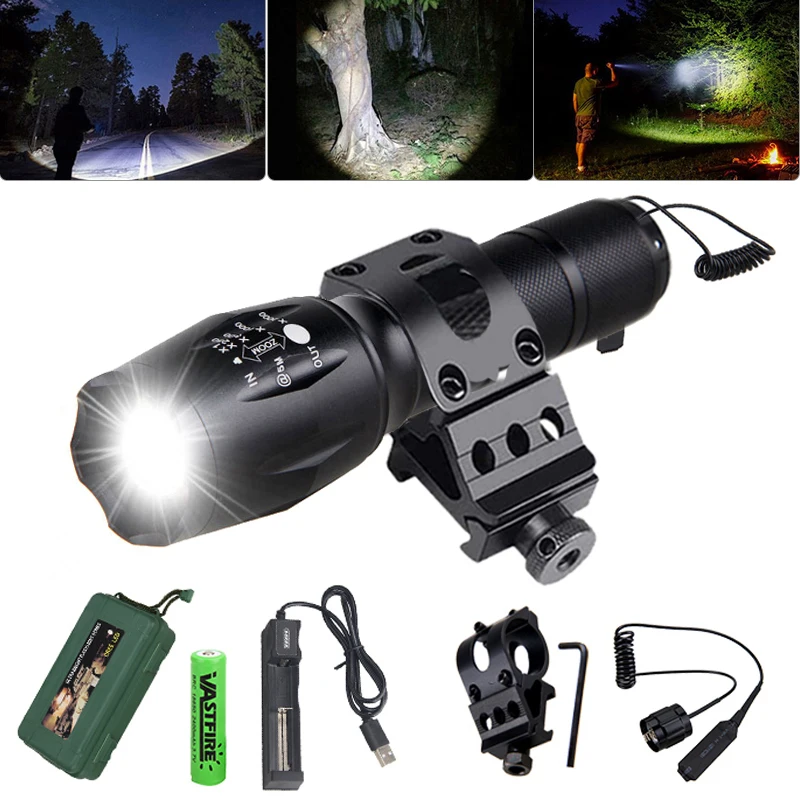 

A100 5000lm White Weapon Gun Light Tactical Hunting Flashlight+Rifle Scope Airsoft Mount Clip+Switch+18650+USB Charger+Box