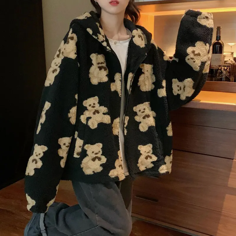 2022 New Cartoon Bear Lamb Zip Up Hoodie Women Hooded Coat Casual Oversized Sweatshirt Tops Female Hoodie Jacket Cute Teddy Coat