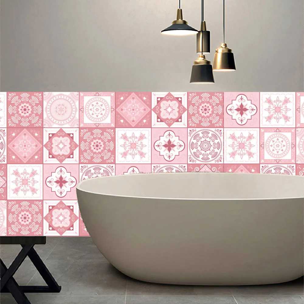 Pink Baroque Tile Stickers Waterproof Home Decor Living Room Bathroom DIY Self-adhesive Wallpaper PVC Wall Mural Decals Posters