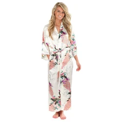 High Fashion White Silk Kimono Robe Gown Chinese Style Women Sleepwear Long Sexy Nightgown Flower Size S M L XL XXL XXXL A-044