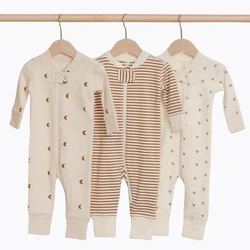 Infant clothes spring and autumn boys print moon one-piece girls baby solid color zipper striped romper kids clothes