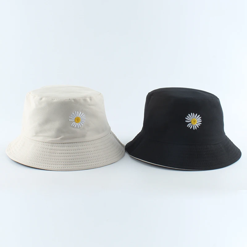 Summer Daisies Embroidery Bucket Hat Women Cotton Fashion Sun Cap Girls Reversible daisy Bob Sun Femme Floral Panama Hat