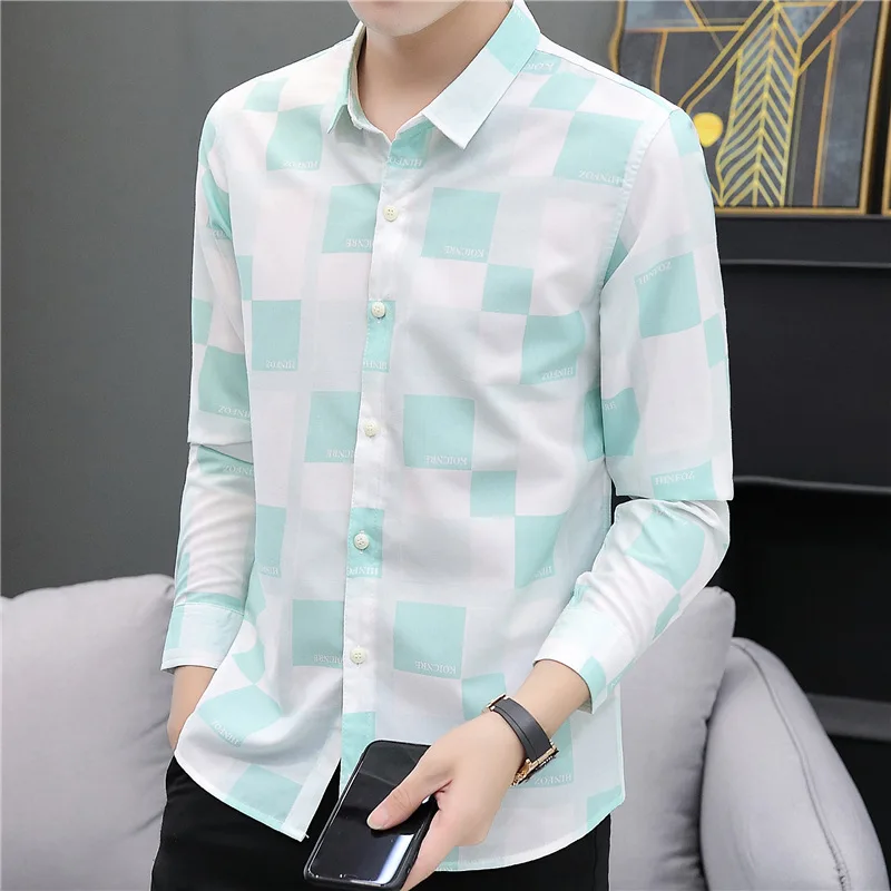 Men's Shirts Autumn Lapel Fashion Handsome Casual Long Sleeve Lattice Youth Simplicity Original Cotton High Quality Cardigan