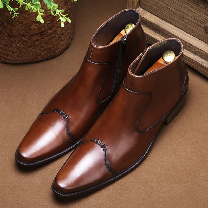 2024 Autumn Early Winter Men Boots Handmade Luxury Genuine Leather Men Formal Shoes 4cm Heels Ankle Botas for Male Plus Size 44