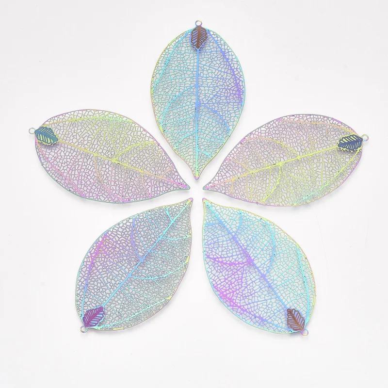 50pcs 201 Stainless Steel Multi-color Leaf Big Pendants,Etched Metal Embellishments Pendant Jewellery Findings DIY Making F50