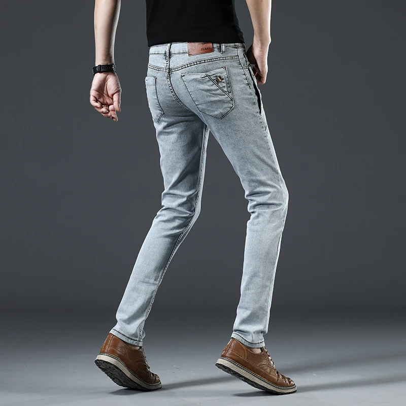 Calça jeans masculina, calça jeans de marca da moda com bolso de botão, para ocasião casual, slim, de algodão, azul claro, cinza escuro, de