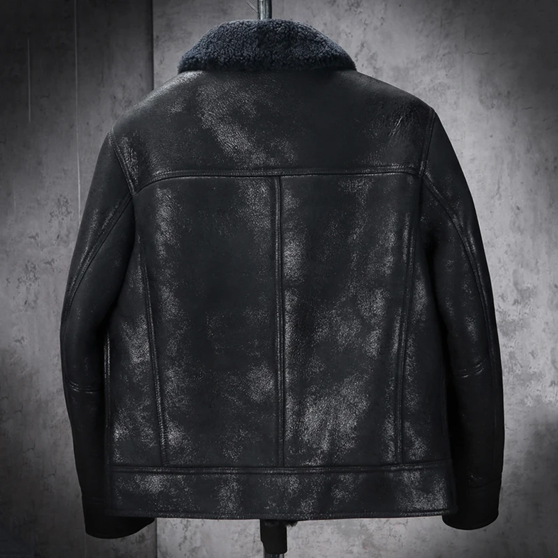 New Mens B3 Shearling Jacket Short Fur Coat Black Leather Jacket Bomber Jacket Fashion Motorcycle Jacket