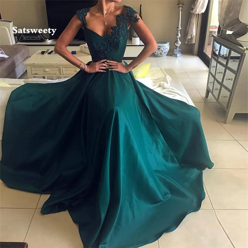 Neue Ankunft Dark Green Prom Kleid Appliques Perlen Satin EINE Linie Lange Formale Party Kleider Einfache Sweep Zug Abendkleider