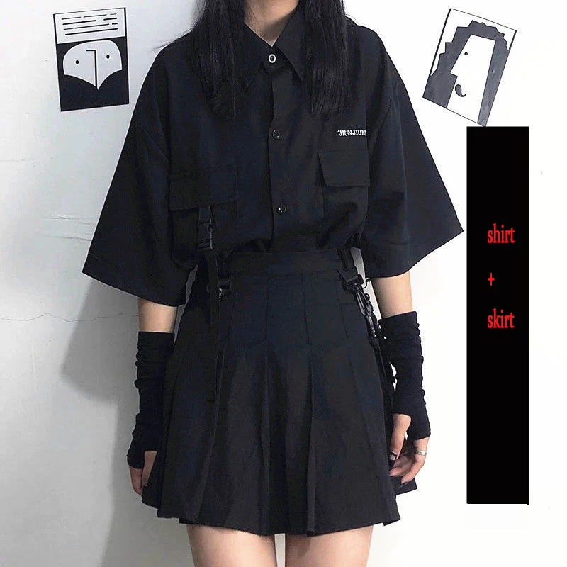 Camisa Cargo Gótica Terno Egirl Punk Cadeia Saias Fita Vestido Gótico Outono Streetwear Harajuku Preto Grunge Roupas Estéticas (Size Camisa Cargo Gótica Terno Egirl Punk Cadeia Saias Fita Vestido Gótico Outono Streetwear Harajuku Preto Grunge Roupas Estéticas (Size