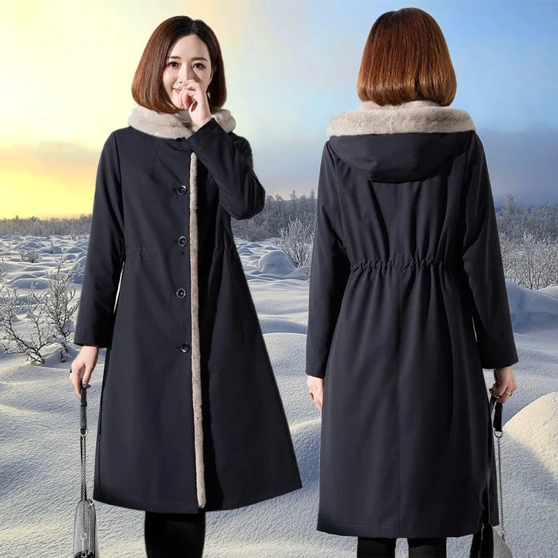 NiceWinter High Quality Imitation Fur Coat Women Long Thick Warm Parker Coat Buttons Imitation Mink Fur Liner Hooded Parka Femal