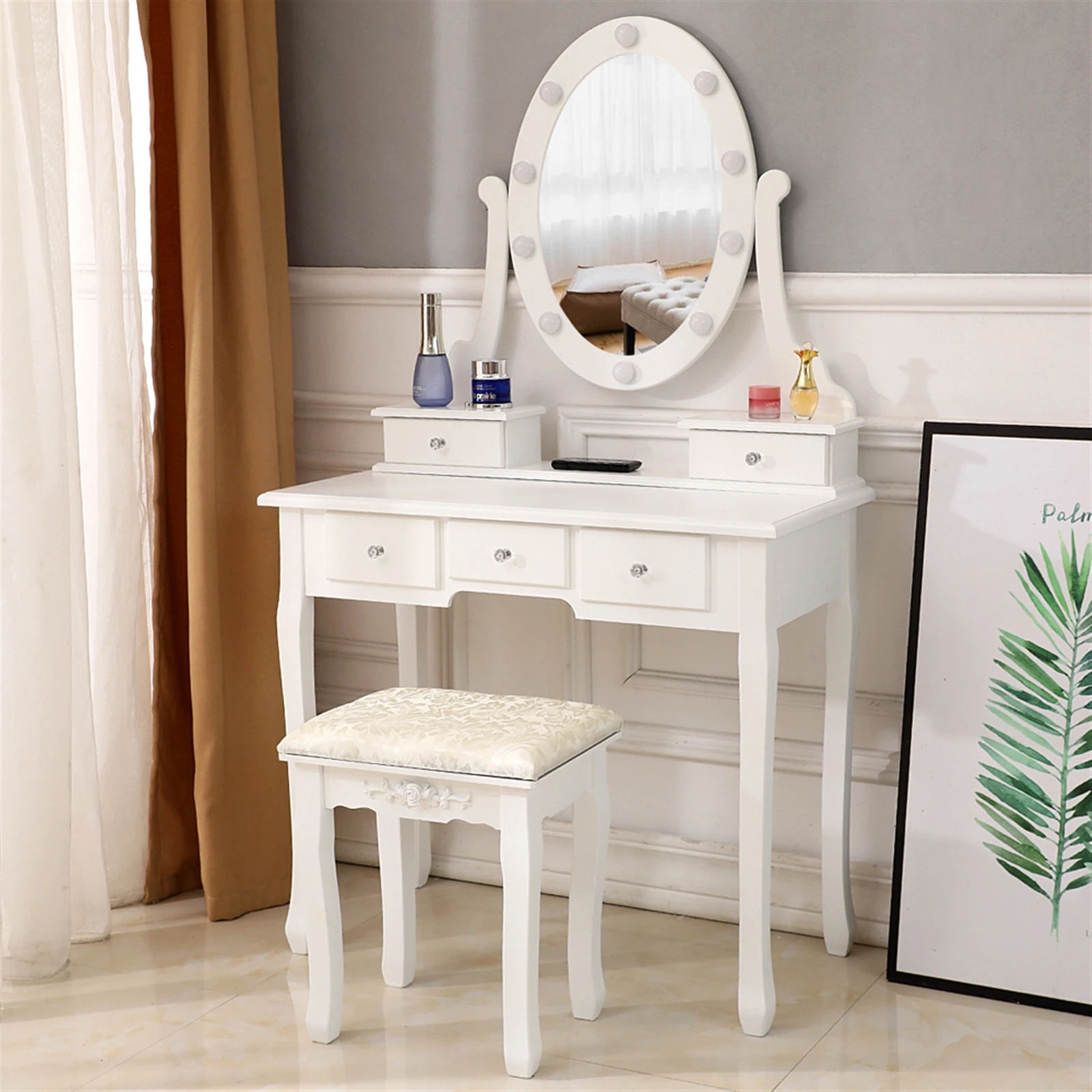 (80 x 40 x 141)cm Dressers FCH With Light Bulb Single Mirror 5 Drawer Dressing Table with Dressing Stool White