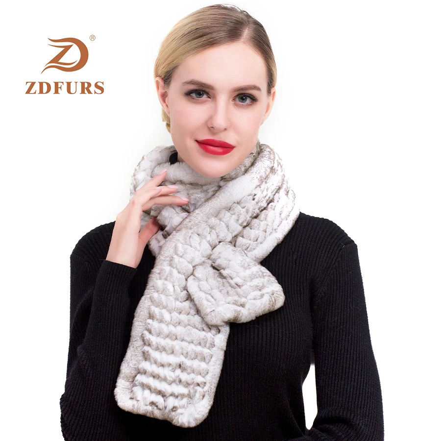 ZDFURS*New Arrival Russian Women Real Rex Rabbit Fur Scarves Ladies Winter Natural Rex Rabbit Fur Scarves Knit  Real Fur Shawls