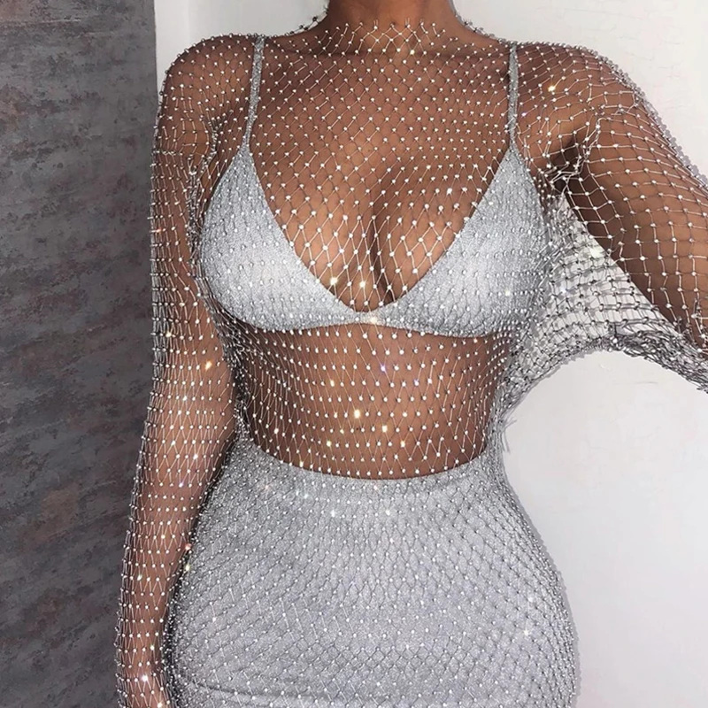 Summer Sexy Sequin Mesh Patchwork Dress Women Crochet Hollow Out Rhinestone Long Sleeve Party Club See Through Wrap Mini Dresses