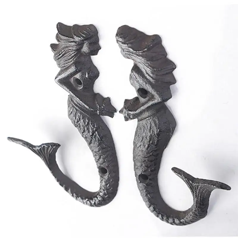 2Pcs Cast Iron Mermaid Decoration Hooks Wall Hanging Clothes Coat Hooks Cap Holder Wall Hanger For Bedroom Bathroom Organizer