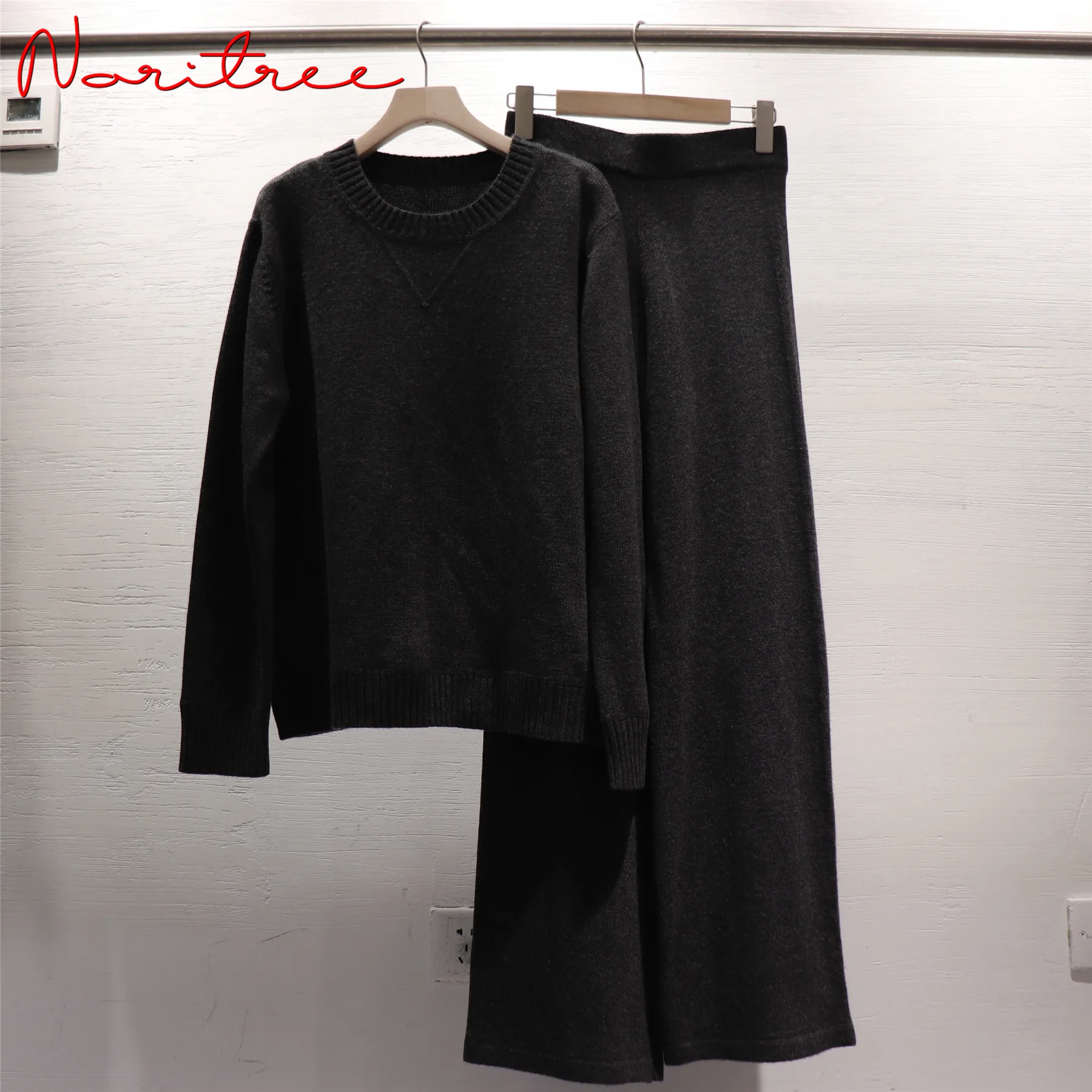 Luxury Two Pieces 45% Cashmere + 30% Wool Suits Female Soft Warm Mink Cashmere Knit Tops +  Wide Leg Wool Pant Sets wy529