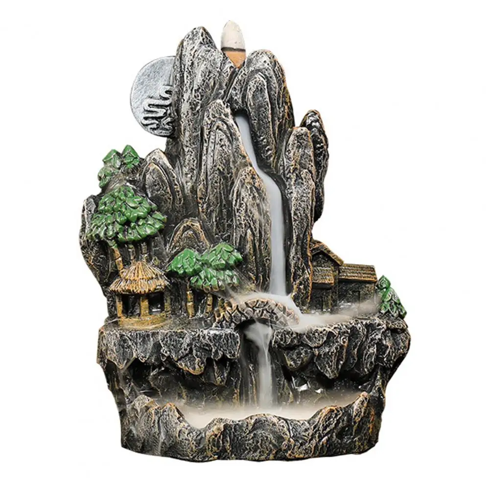 Mountain Stream Teahouse Smoke Waterfall Backflow Incense Burner Ceramic Holder with 50pcs Cones Home Decor Landscape Zen Monk M