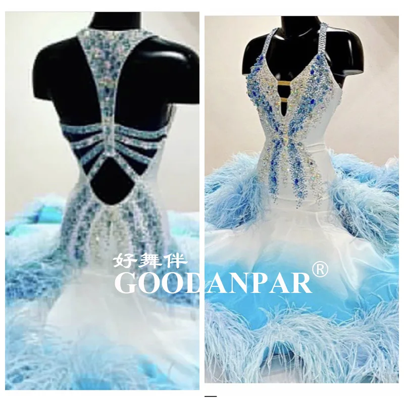 

GOODANPAR 2020 New Standard Ballroom Dance Dress Women Girls Competition Costume Sleeveless Lycra Waltz Stage Sleeveless Blue