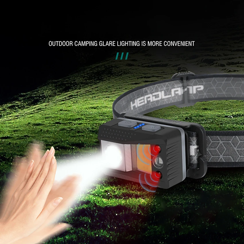 Lampada frontale a LED ricaricabile torcia frontale USB, 8 modalità, fari impermeabili con sensore di movimento, magnete e gancio