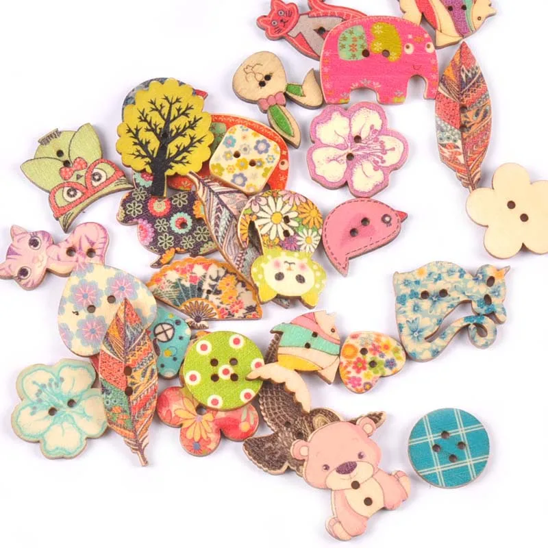 2 Hole Vintage Mixed Cartoon Painting Wooden Buttons For Clothes Sewing Crafts Scrapbooking DIY Kid Apparel Supplies 25pcs m1893