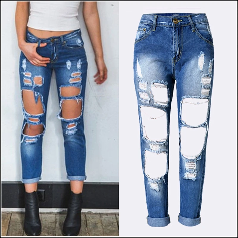 

Sexy Ladies Destroyed Ripped Jeans Women Summer Loose Slim Mid Waist Denim Pants Breeches Overalls Vintage Female Torn Trousers