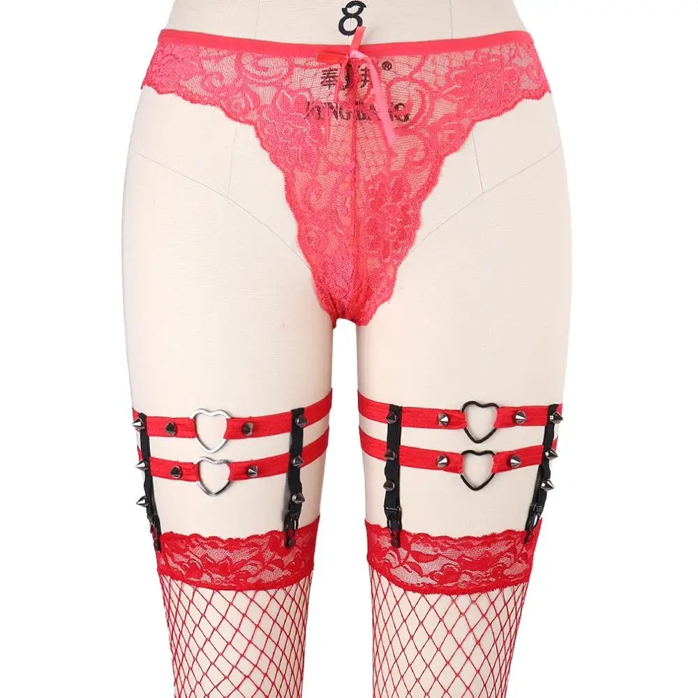 

2PCS Red Leg Harness Garter of Heart Sexy Women Body Harness Punk Thigh Ring Punk Goth Suspender Belt Block Rivet Garters Harnes