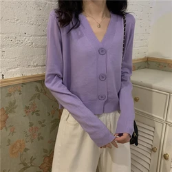 Thin Cardigan Women V-Neck Single Breasted Cardigans Basic Long Sleeve Cropped Knit Sweater Lilac Y2K Tops Autumn Vintage Ladies