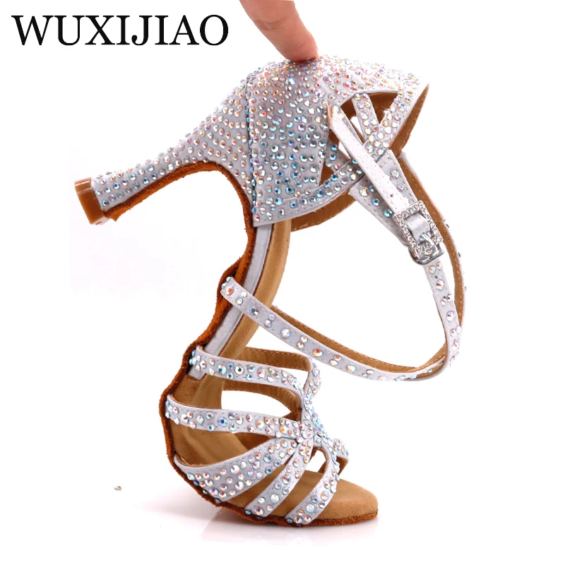 WUXIJIAO  Hot Latin Dance Shoes Women for Silver Gray Satin Salsa Dance Shoes Girls for Shine Rhinestone Ballroom Dance Shoes