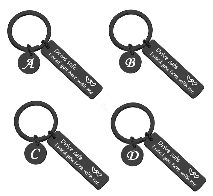 Drive Safe Keychain Present Favors for Trucker Husband Dad Boyfriend Birthday 26 Letters Black Key Rings+Box Handsome Gifts 50PC