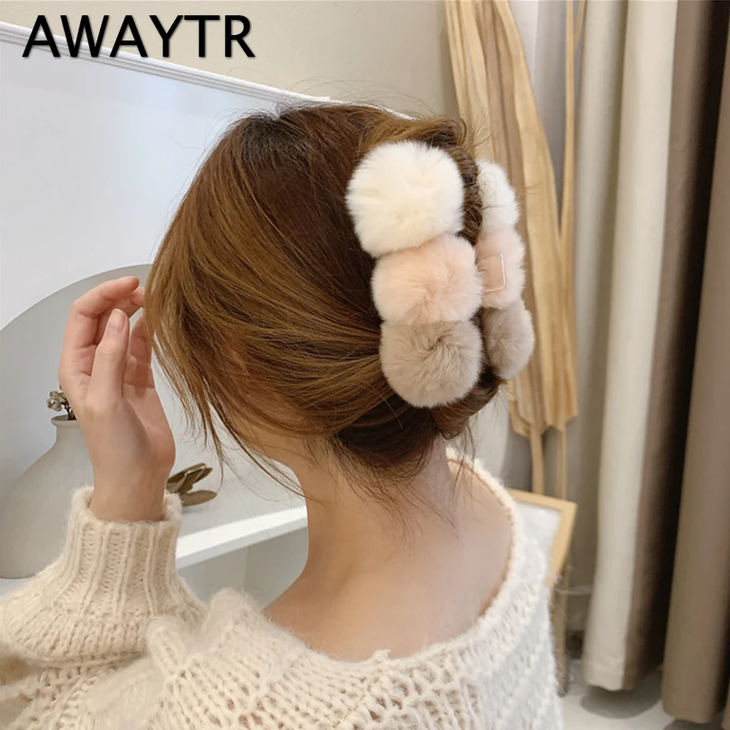 AWAYTR Cute Hair Ball Hair Clip Back Head Plush Clip Large Korean Net Red 2021 New Elegant Shark Clip Female Hairpins Headwear