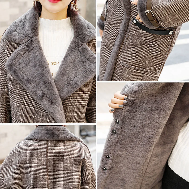 Plaid Faux Leather Fur Parka Coat Women 2021 Autumn Winter New Lamb Fur Female Overcoat Add Velvet To Keep Warm Outerwear