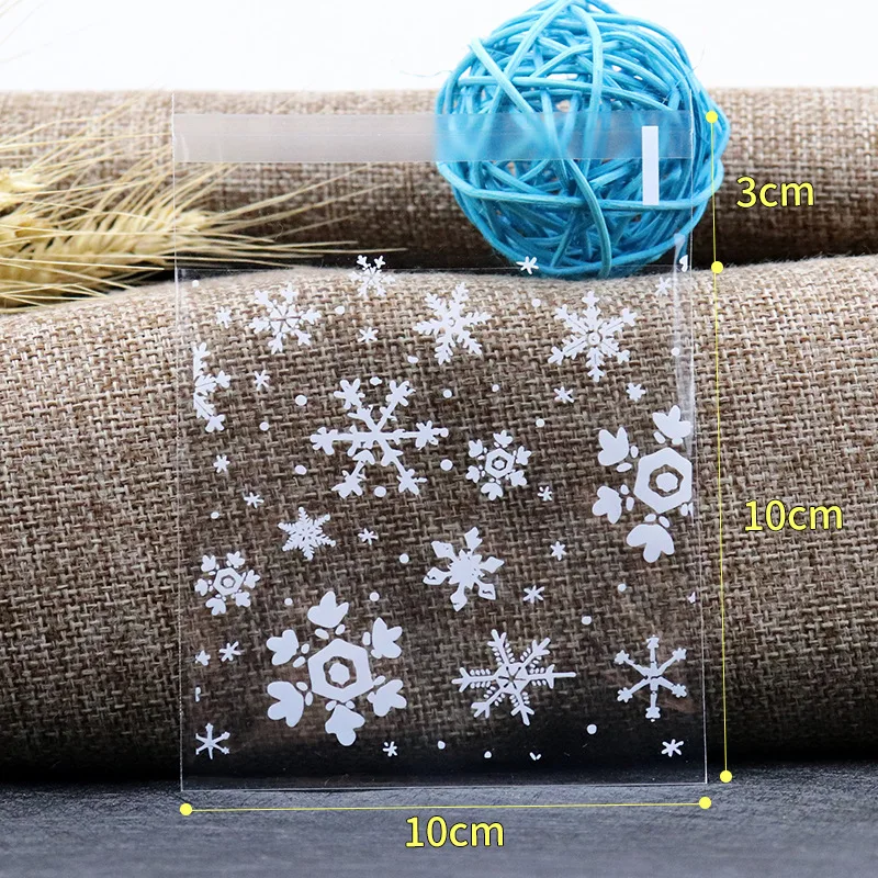 100Pcs Snowflake Christmas Plastic Candy Cookie Biscuits Snacks Jewelry Packaging Bags Adhesive Gift Bag for Home Wedding Party