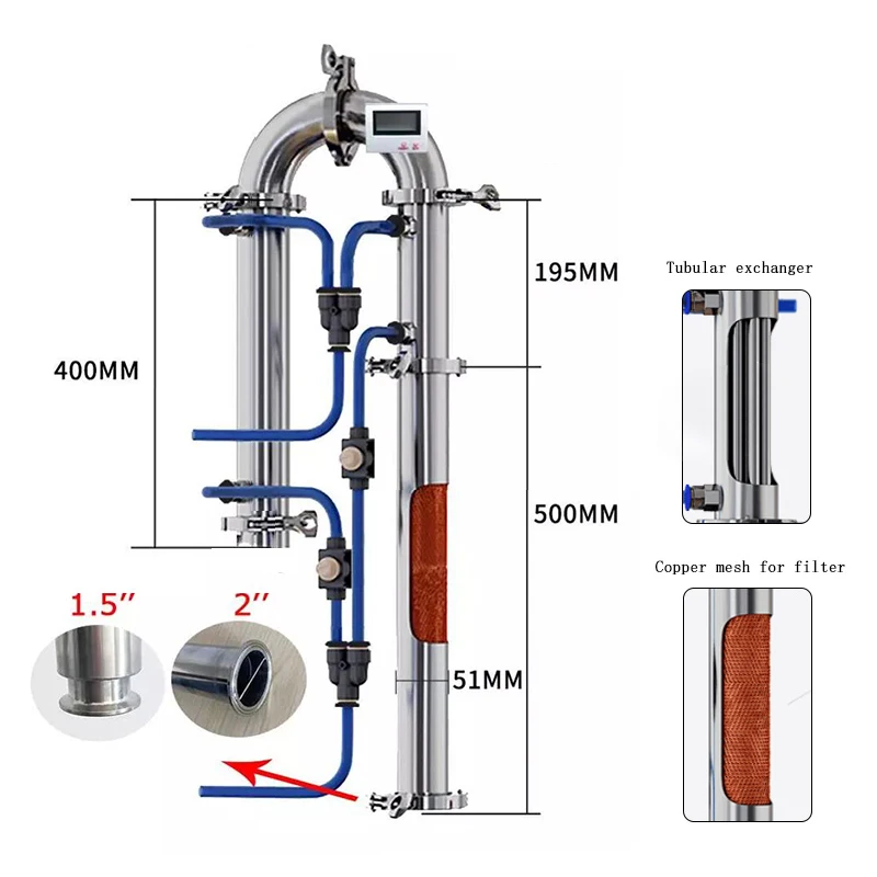 Tube distillation tower home-brewed liquor, brandy, whisky, vodka, moonshine machine and equipment with copper mesh 1.5''2''