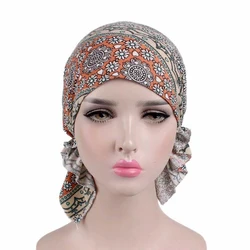 Lenço elástico feminino de algodão, chapéu feminino com babado e turbante, acessório para o cabelo