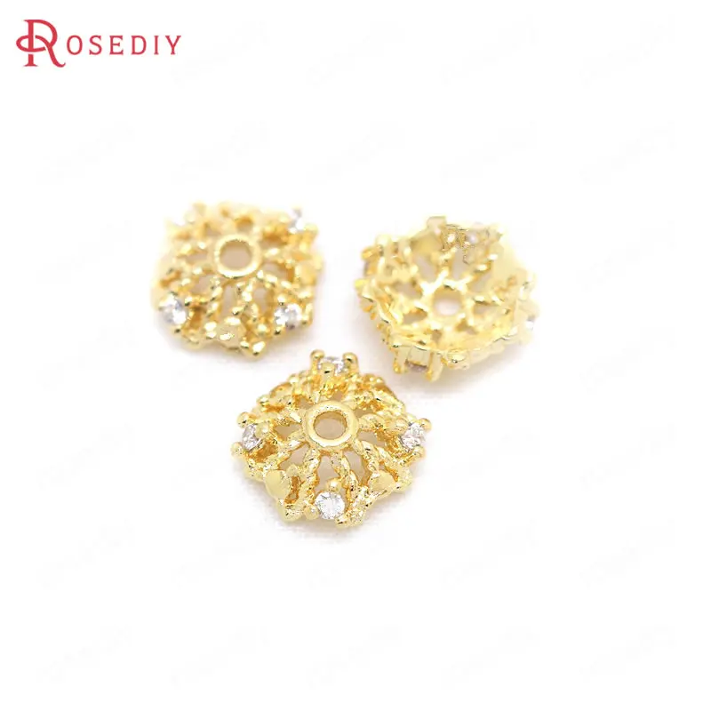 (F274)6 pieces 7mm High Quality Gold Color Plated Brass with Zircon Beads Caps Diy Jewelry Findings Accessories wholesale