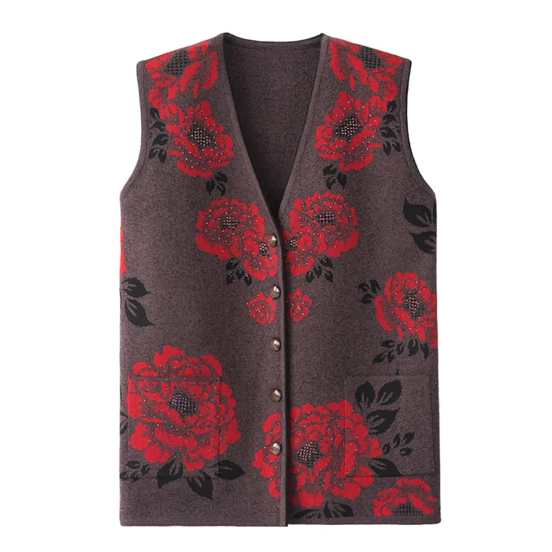 UHYTGF Women vest Fashion flower beaded knitted spring autumn vest waistcoat casual warm women\'s sleeveless jacket Big size 737