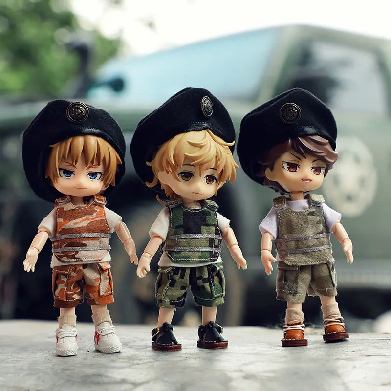 

OB11 doll clothes fit for 1/12 size fashion versatile camouflage top + camouflage shorts + black cool hat black uniform 3 pieces