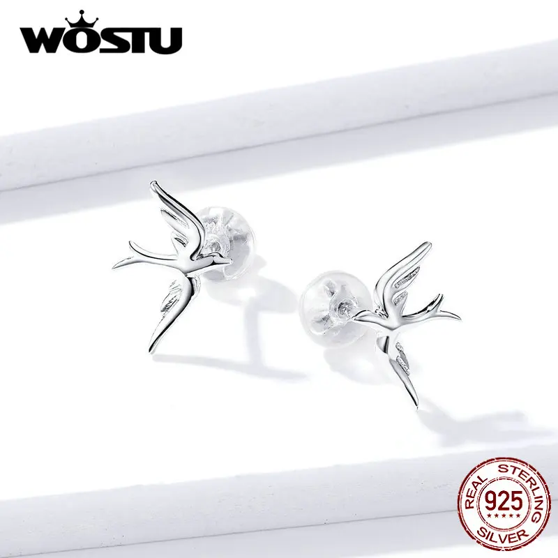 WOSTU 925 Sterling Silver Spring Swallow Bird Stud Earrings For Women Wedding Engagement Small Earrings Lovely Jewelry CTE302