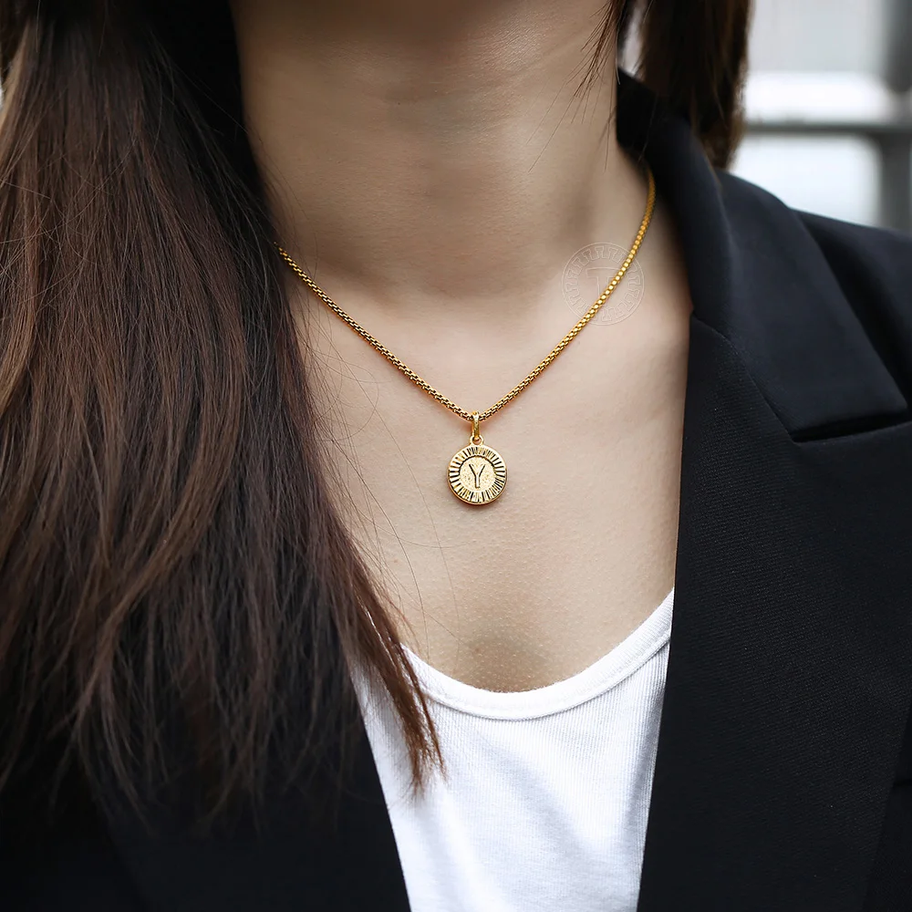 Initial Letter Pendant Necklaces Round Charm Stainless Steel Box Link Chain For Women Men Jewelry Gift Dropshipping GP418A image 2