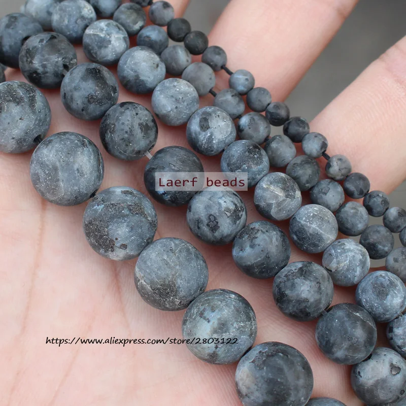 

Frost/Matte Natural Labradorite Larvikite Stone Beads Black Round Loose Beads 15''/ Strand 6-12MM Pick Size For Jewelry Making