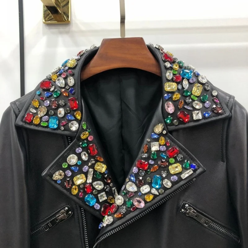 ผู้หญิง Handmade Rhinestone Real หนัง Biker แจ็คเก็ต Streetwear ซิป Slim Sheepskin Outerwear ฤดูใบไม้ร่วงแขนยาว Lady Coat