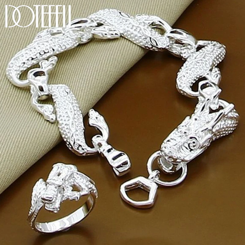 DOTEFFIL 925 Sterling Silver Dragon Bracelet Bangle Ring Set For Woman Man Wedding Engagement Party Fashion Charm Jewelry