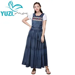 Dress Women 2020 Yuzi.may Boho New Denim Dresses Female Square Collar Vintage Embroidery Swing Hem Suspemders Vestidos A82207