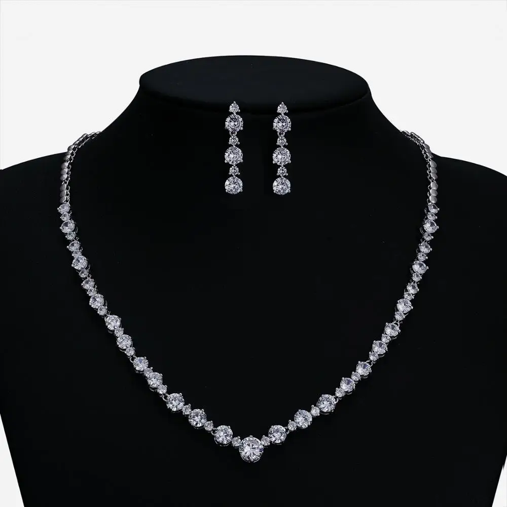 

Cubic Zirconia Bride Wedding Collarbone Chain Necklace Earring Set Women Prom Party Jewelry Sets /Real Platinum Plated CN10155