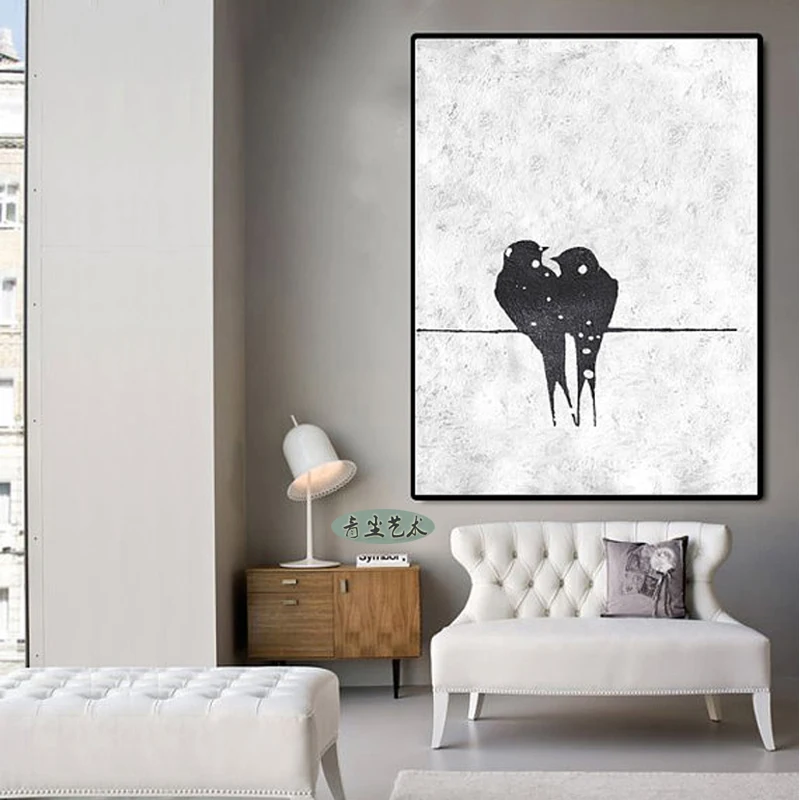 

Scandinavian Modern Black And White Abstract Painting Thick Texture Bird Animal Simple European Painting The Living Room