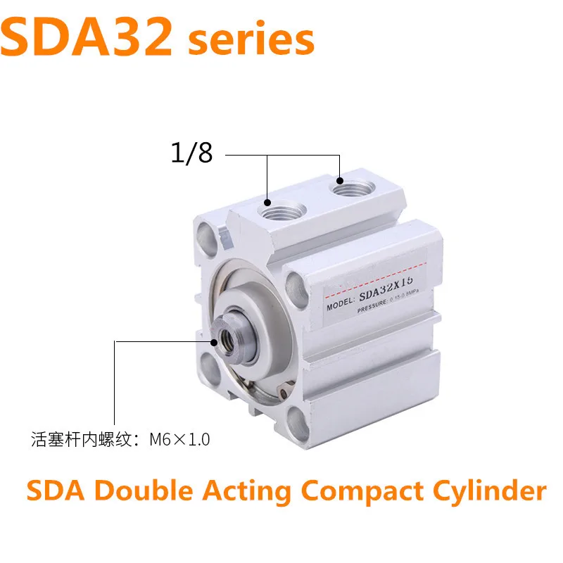 

SDA32 Pneumatic Aluminum Alloy Double Action Compact Air Cylinder Bore 32mm Stroke 5/10/15/20/25/30/35-100mm Stroke